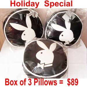 Playboy Round Pillow Black with White Rabbit Head "BOX of 3" Vintage NWT